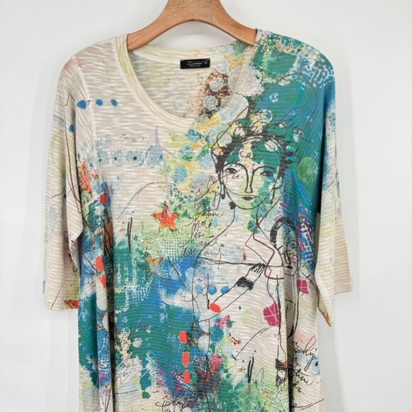 Inoah Women's size Medium Tunic Top art to wear 1/2 sleeve knit rayon blend - Picture 4 of 10